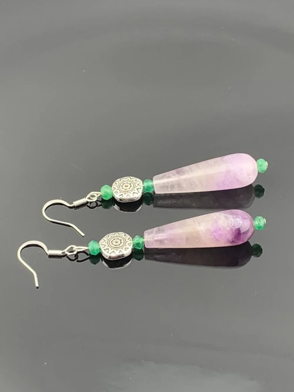 Amethyst Green Chalcedony Silvertoned Gemstone Boho Handcrafted Earrings LR210